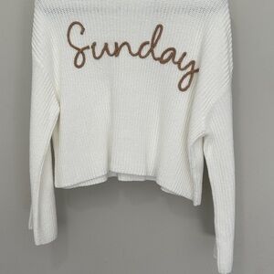 moon & madison White Knit Sweater with Brown "Sunday" Script
